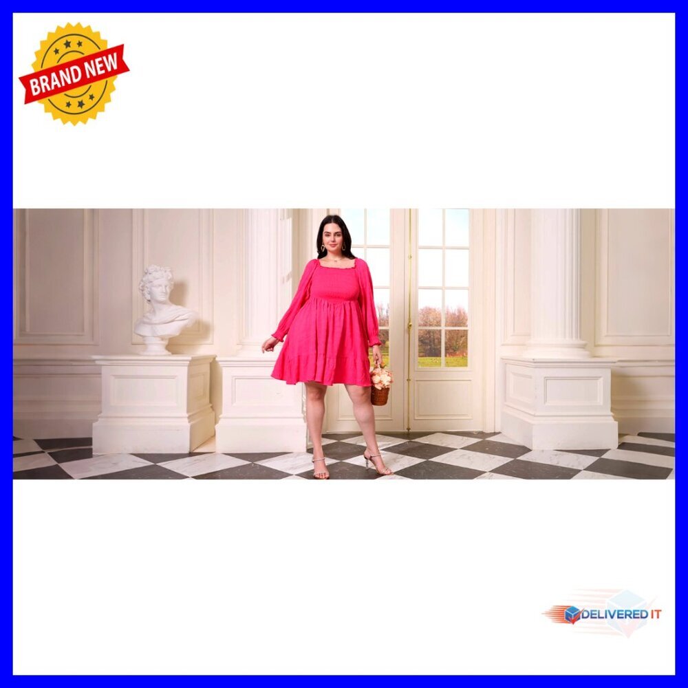 Plus Size A-Line Mini Dress Long Sleeve Square Neck Tiered Empire Waist - Picture 7 of 7